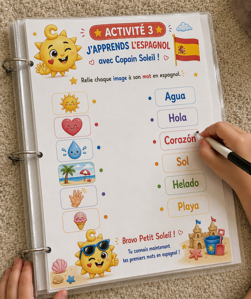 Cahier réutilisable Les Grandes Vacances de Copain Soleil ☀️
Jeux, découvertes, anglais & espagnol – 3 à 7 ans