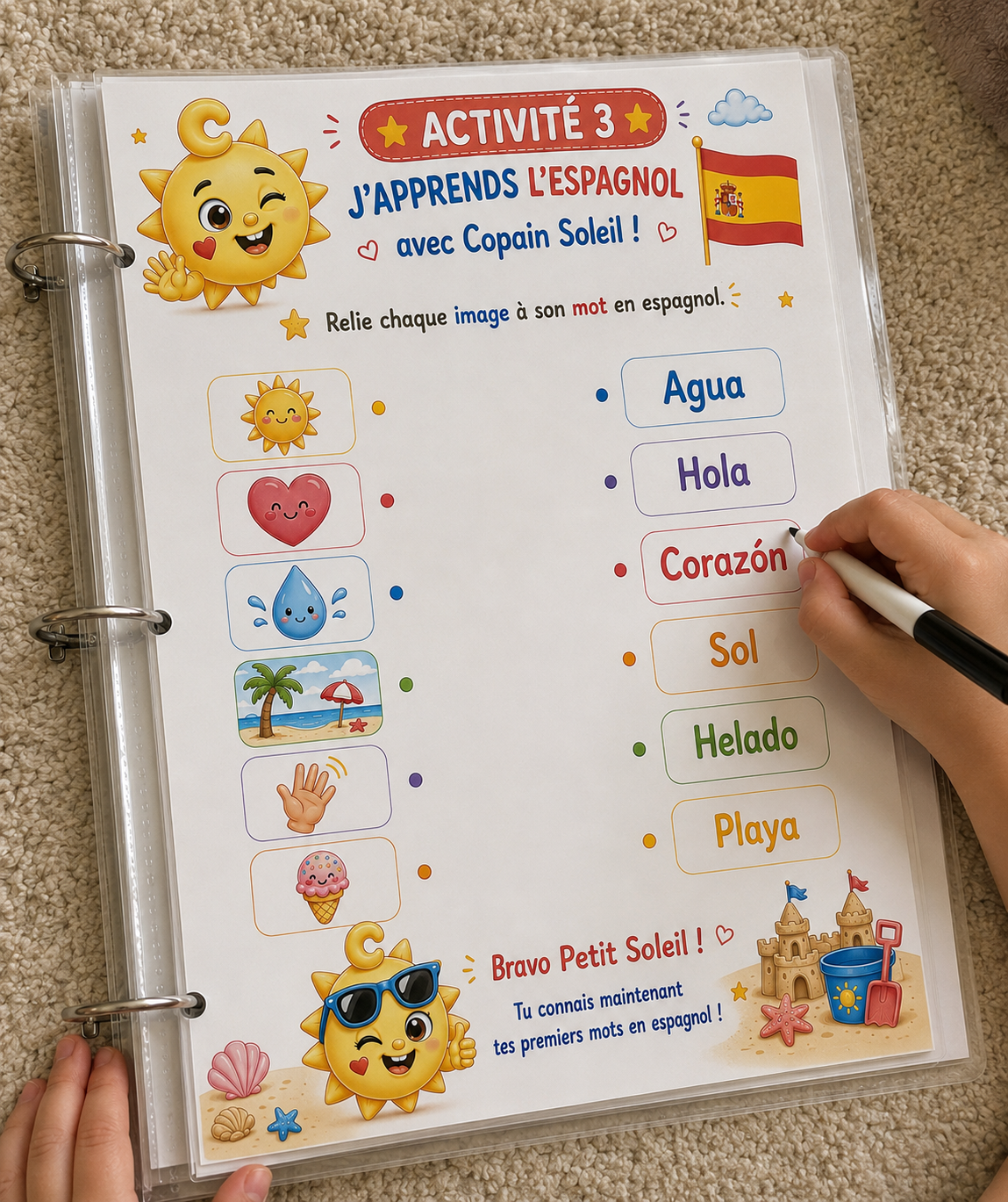 Cahier réutilisable Les Grandes Vacances de Copain Soleil ☀️
Jeux, découvertes, anglais & espagnol – 3 à 7 ans