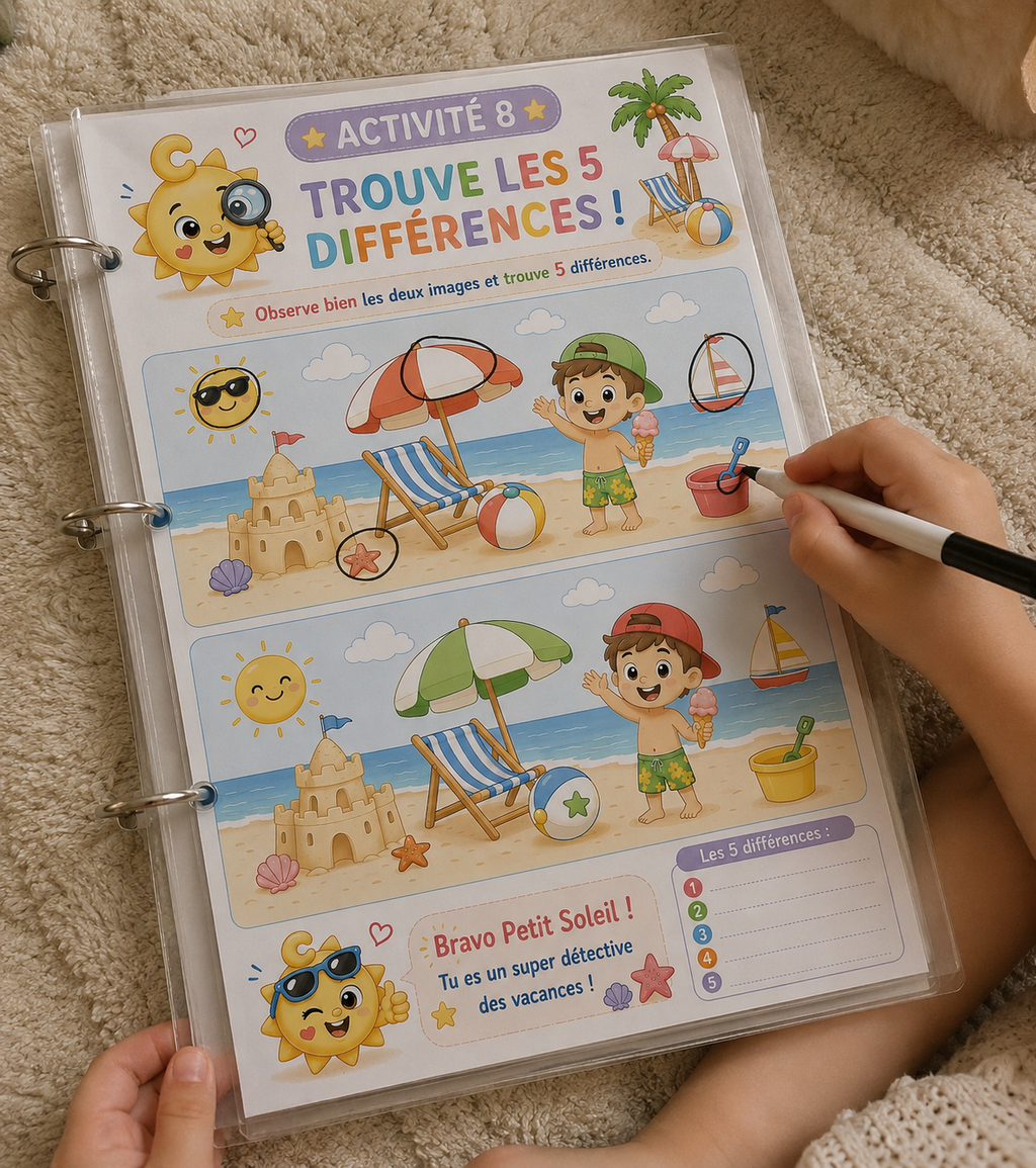 Cahier réutilisable Les Grandes Vacances de Copain Soleil ☀️
Jeux, découvertes, anglais & espagnol – 3 à 7 ans