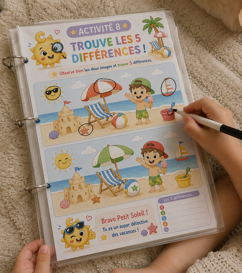 Cahier réutilisable Les Grandes Vacances de Copain Soleil ☀️
Jeux, découvertes, anglais & espagnol – 3 à 7 ans